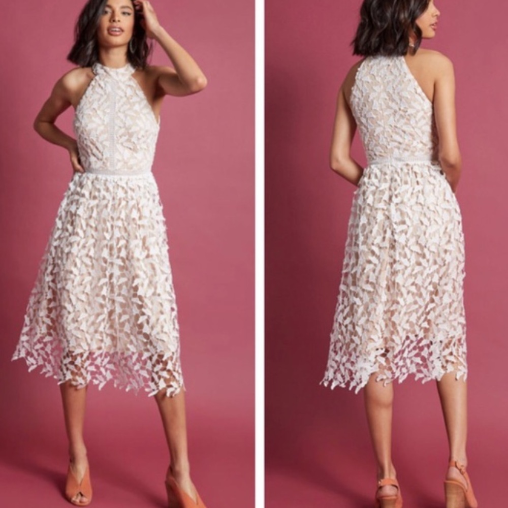 CHICWISH PINK WHITE LEAF FOR ELEGANCE CROCHET SLEEVELESS DRESS Size S